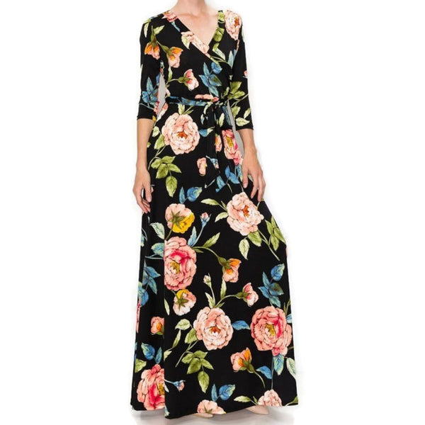 Black and Blush Floral Faux Wrap Maxi Dress