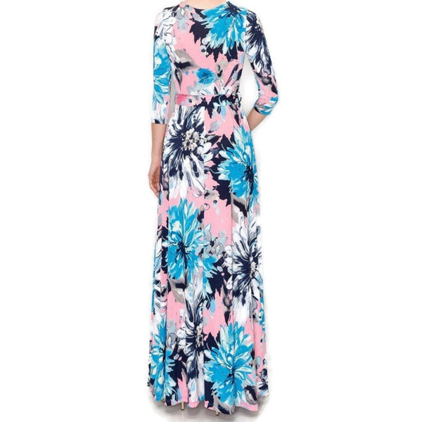 Pink and Blue Blossom Floral Faux Wrap Maxi Dress