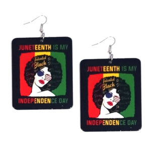 Afro Queen Independence Day Since 1865 Rectangle Statement Dangle Wood Earrings