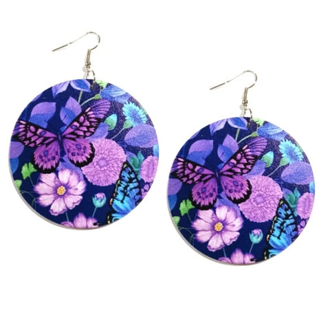 Purple Butterfly Florals Statement Dangle Wood Earrings