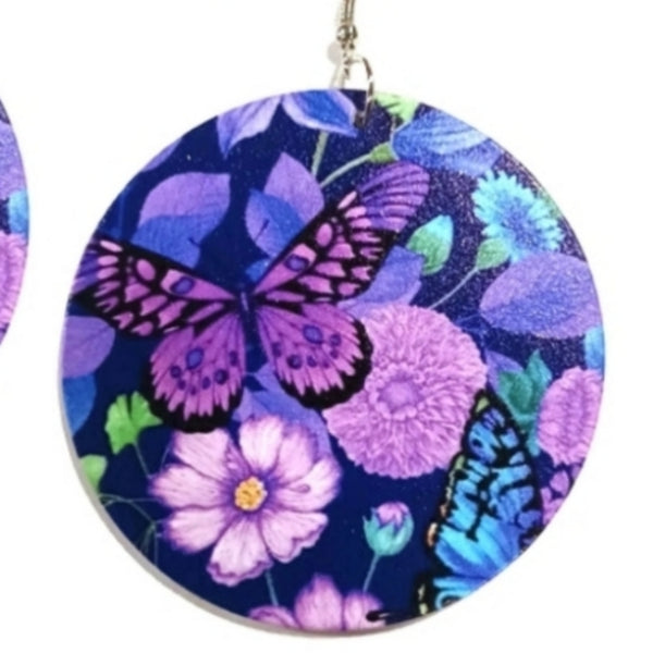 Purple Butterfly Florals Statement Dangle Wood Earrings