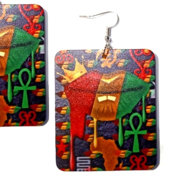 ANKH Rasta Drip Rectangle Statement Dangle Wood Earrings