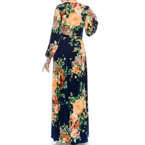 Navy Orange Floral V-neck Bell Long Sleeve Evening Formal Faux Wrap Maxi Dress