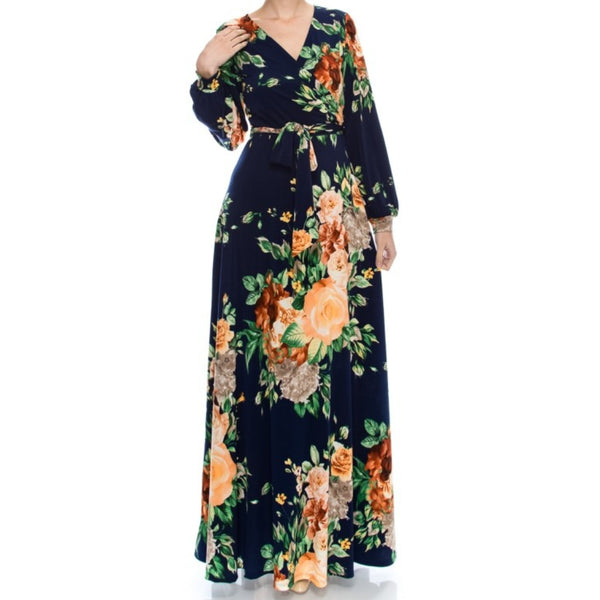 Navy Orange Floral V-neck Bell Long Sleeve Evening Formal Faux Wrap Maxi Dress