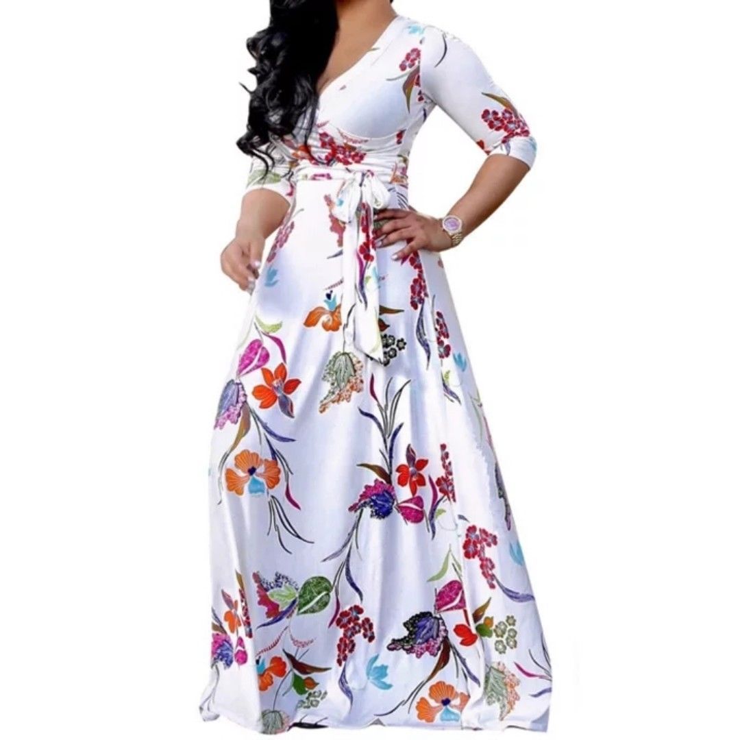 White Neon Floral Faux Wrap 3/4 Sleeve Evening Casual Maxi Dress