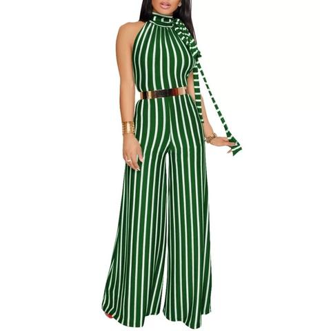 Green White Stripe Casual Halter Wide Leg Jumpsuit