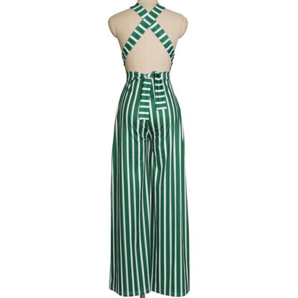 Green White Stripe Casual Halter Wide Leg Jumpsuit