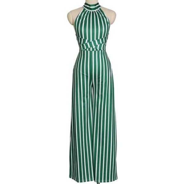 Green White Stripe Casual Halter Wide Leg Jumpsuit