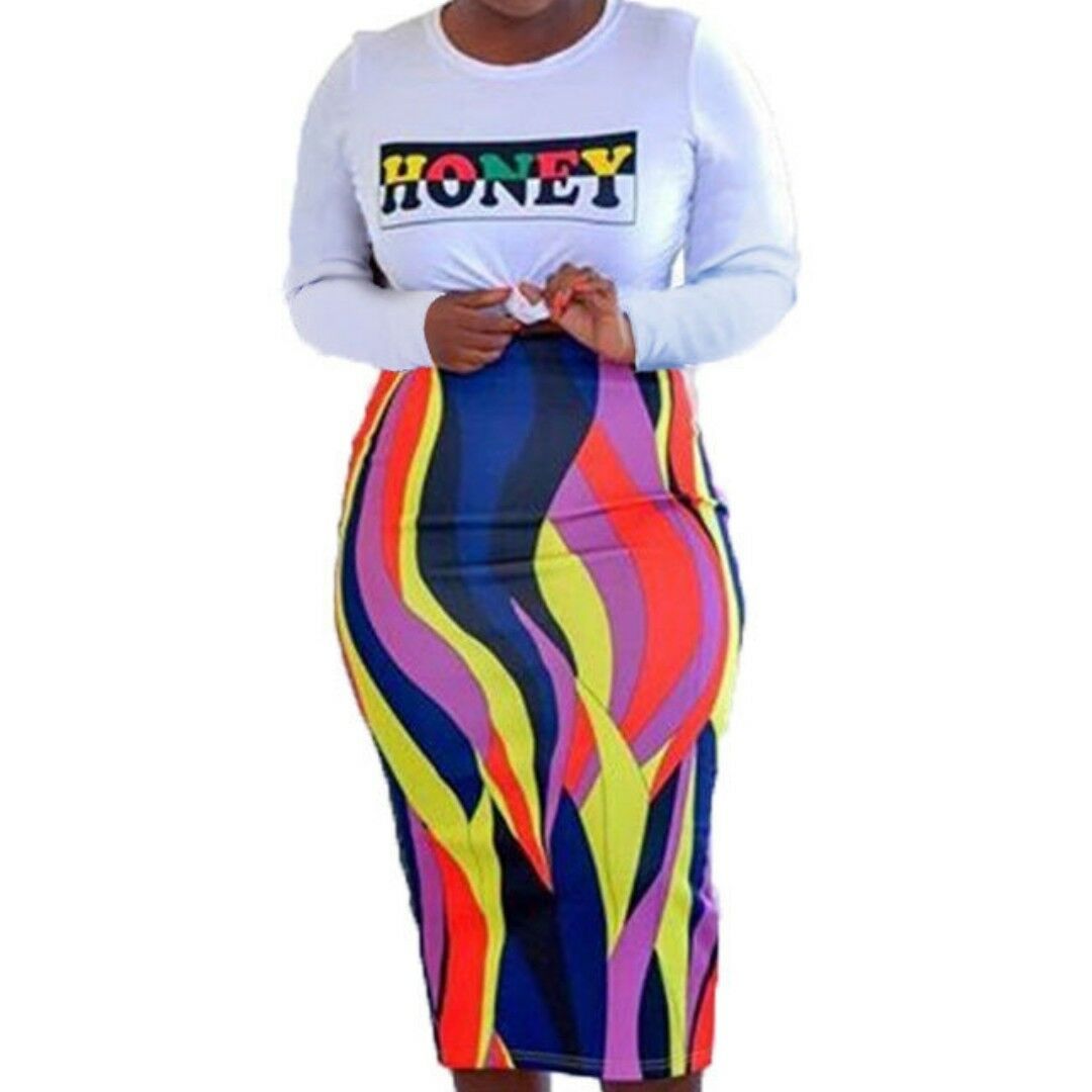 Honey Flames Long Sleeve Top Multi Color Stripe Plussize Skirt Set