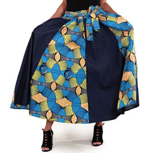 Blue Denim African Multi Turquoise Print Maxi Skirt with Matching Headwrap