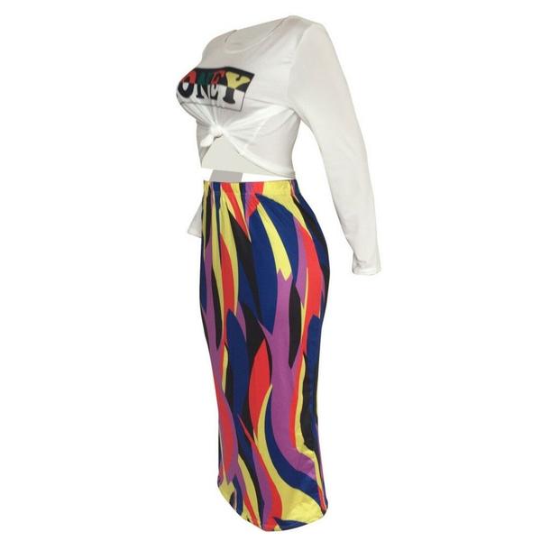 Honey Flames Long Sleeve Top Multi Color Stripe Plussize Skirt Set