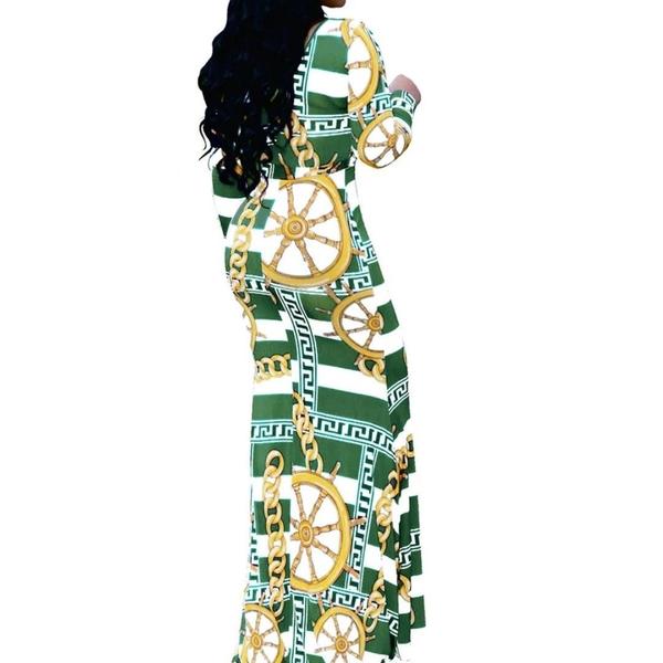 KN Green Stripe Jeweled Pattern Long Sleeve Maxi Dress