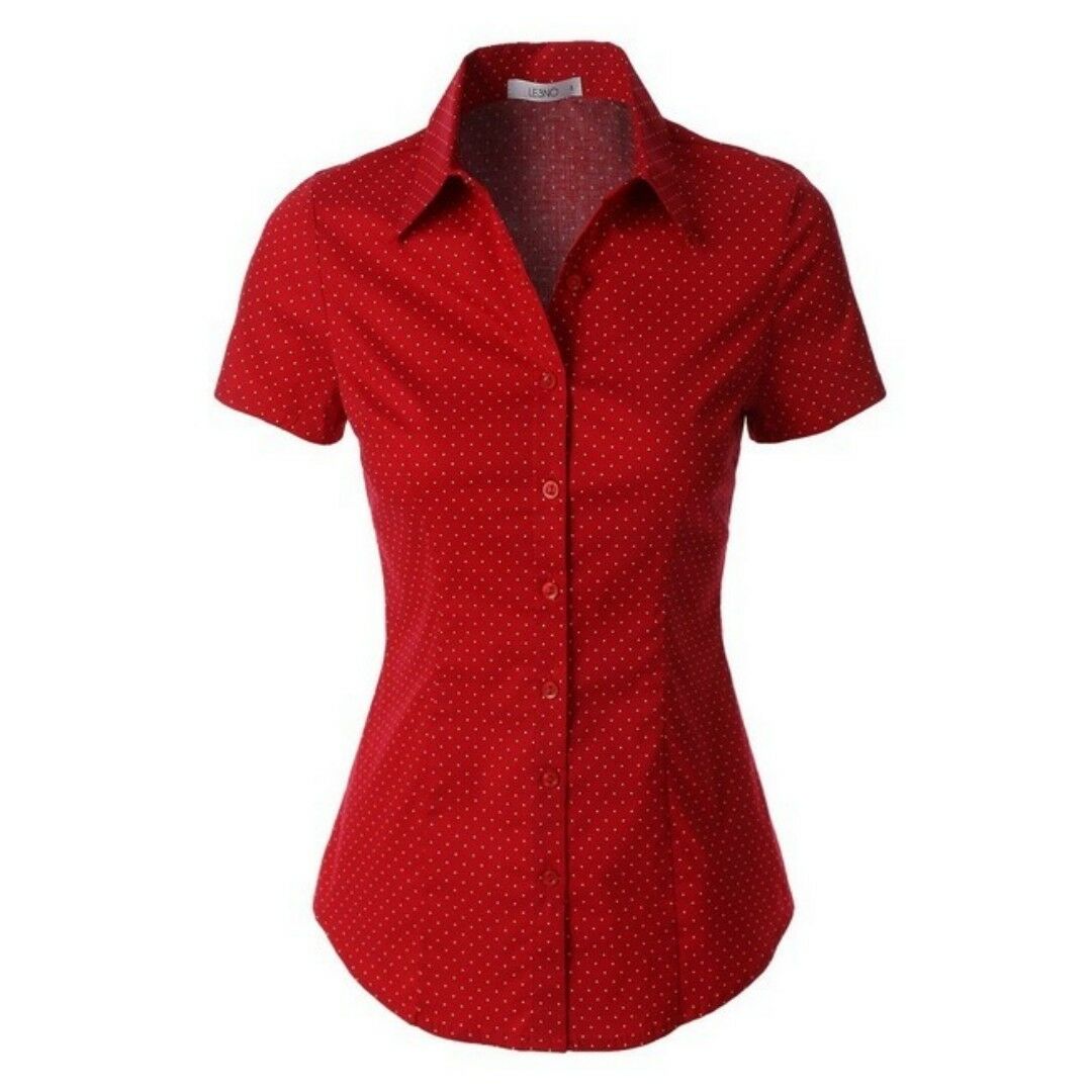 2Sable Red Polka Dot Short Sleeve Button Down Casual Plussize Top