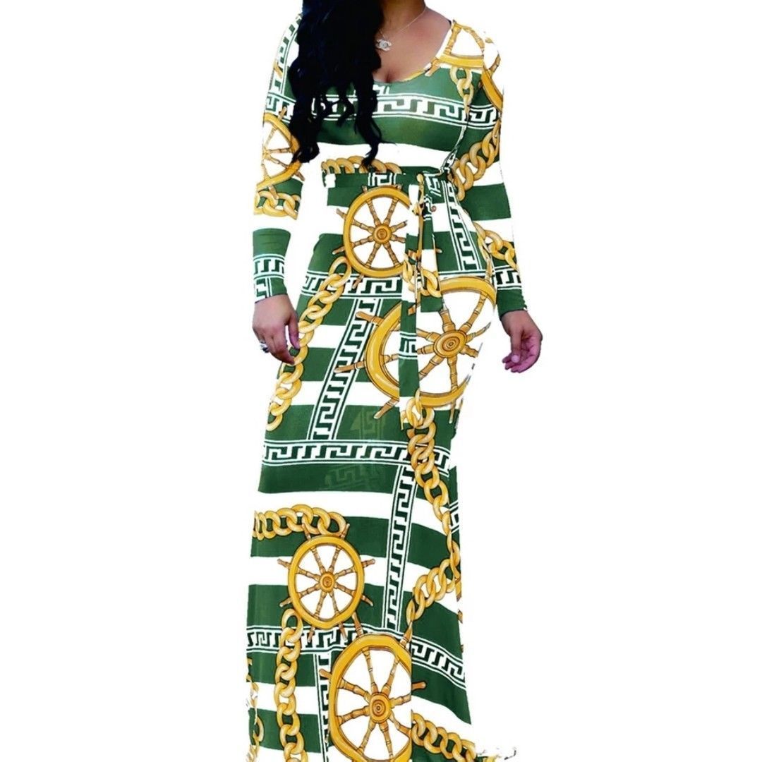 KN Green Stripe Jeweled Pattern Long Sleeve Maxi Dress