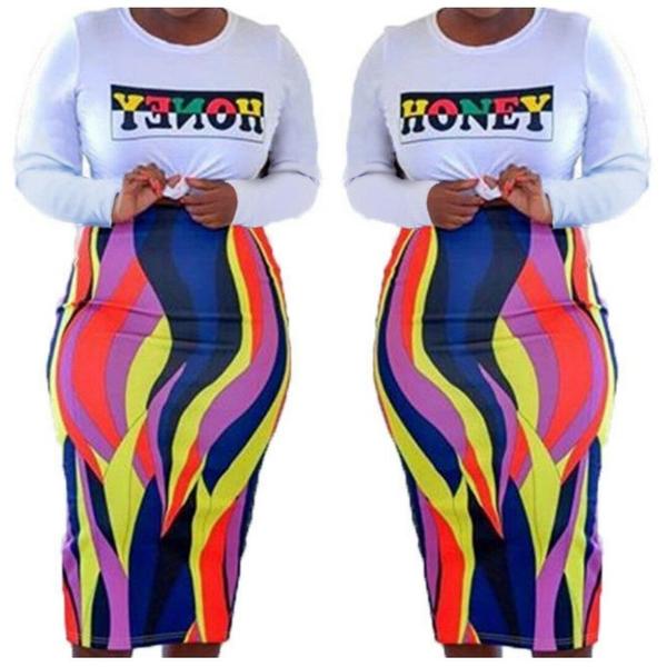 Honey Flames Long Sleeve Top Multi Color Stripe Plussize Skirt Set